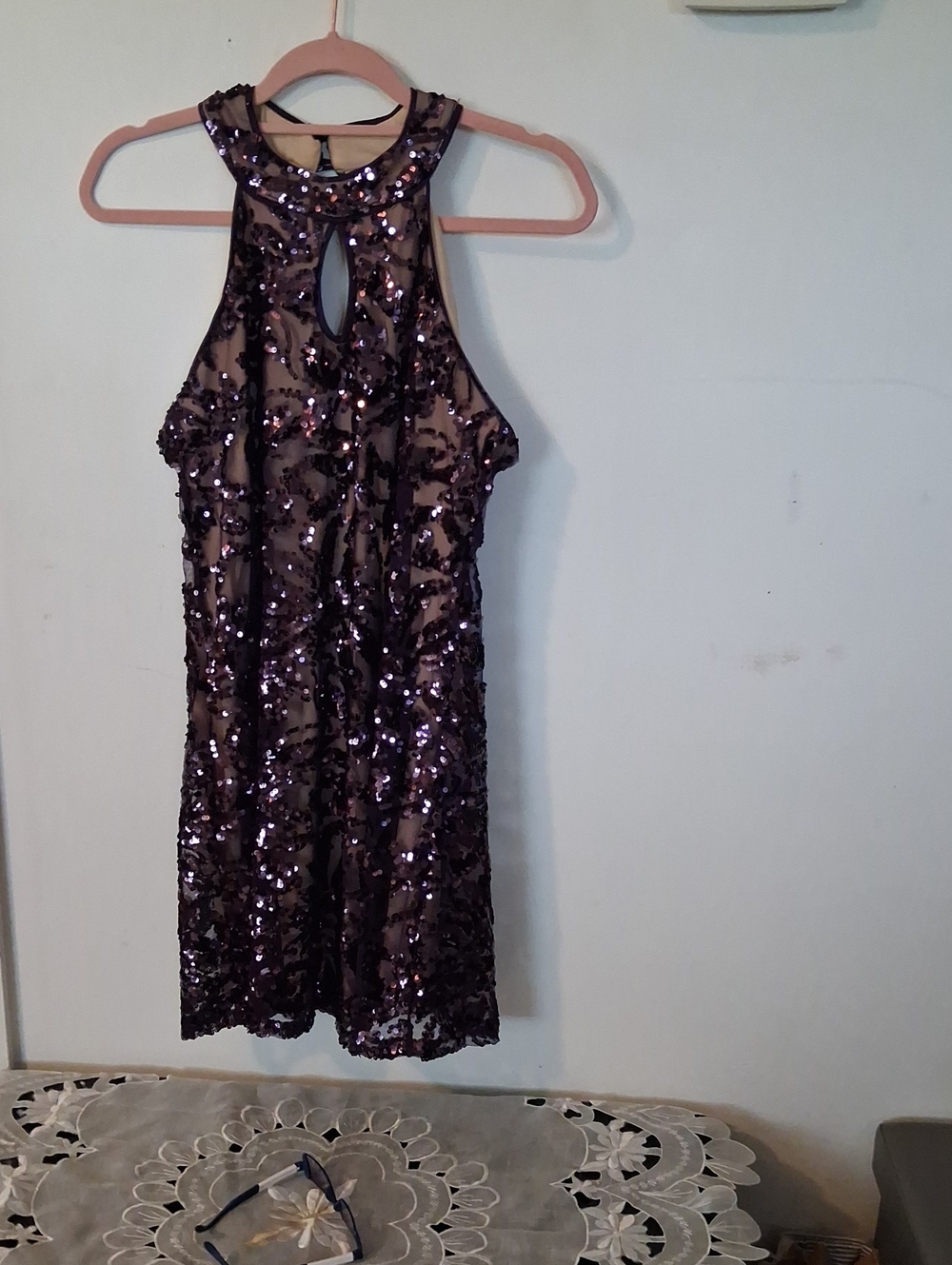 Honey and Rosie Purple Sequin Halter Mini Dress
